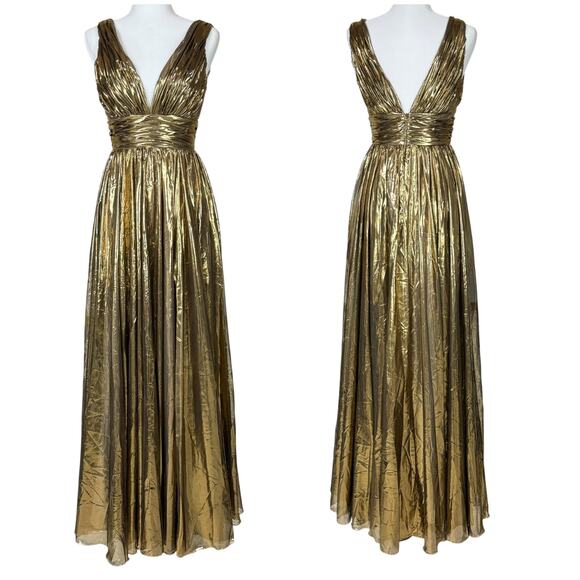 Mac Duggal NWT Liquid Gold Pleated Deep V-Neck Maxi Gown Size 2 Sleeveless - Picture 2 of 8